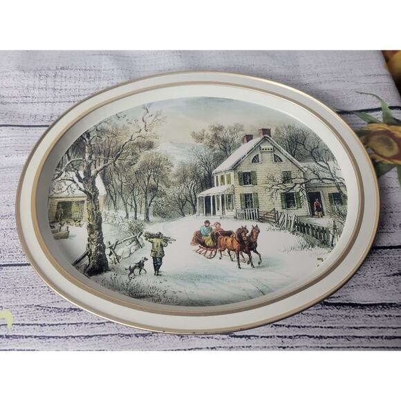 Vintage Currier and Ives Oval Metal Serving Trays 1868 - Picture 2 of 13